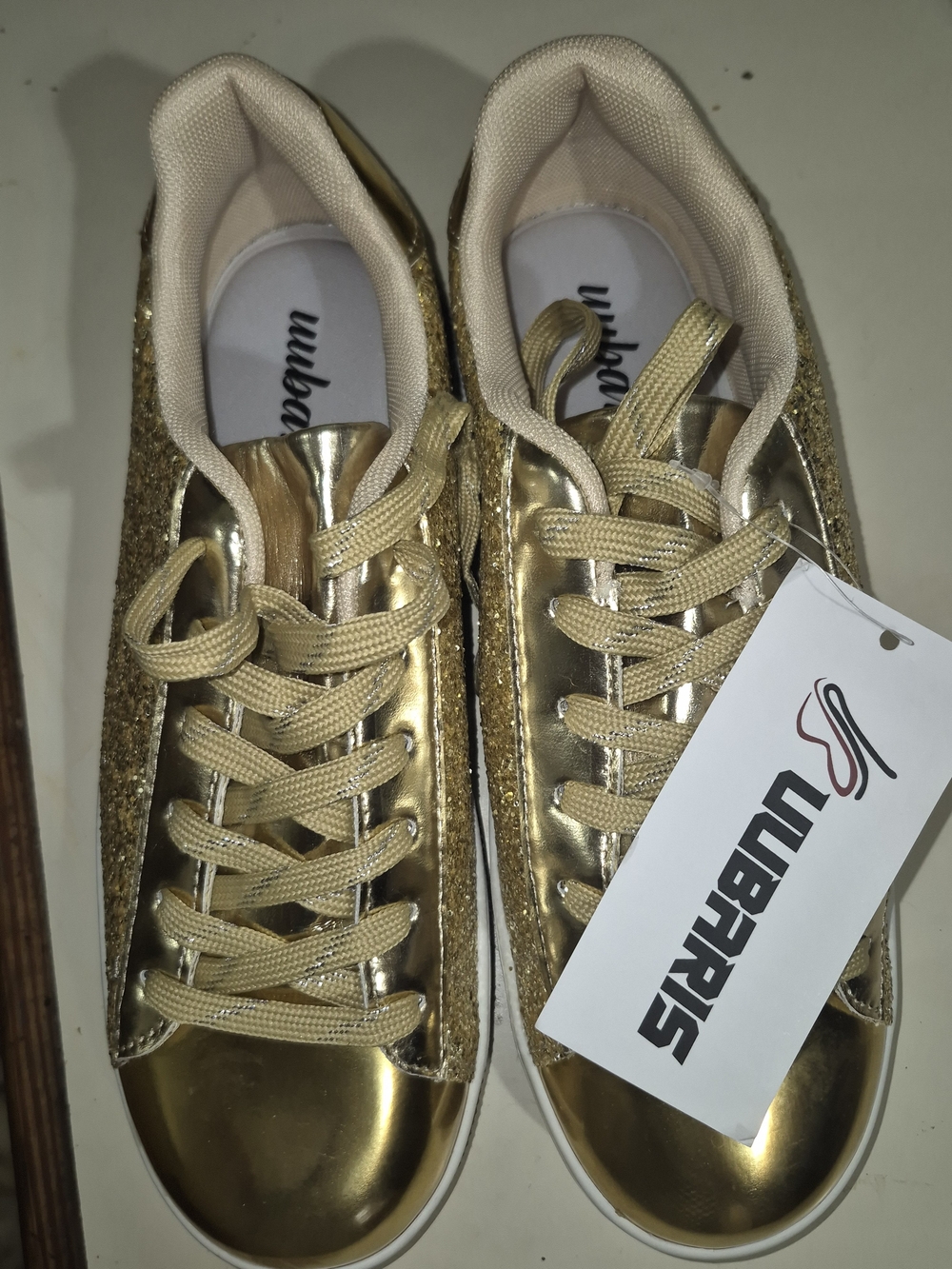 Uubaris Gold Metallic Sneakers for Women - Shiny Gold Lace-Up Casual Shoes